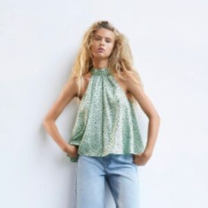 Zara Green Polka Dot High Neck Halter Top